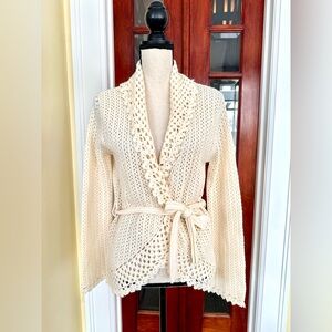 Nine & Co. | Cream Belted Cottagecore Crochet Shawl Color Sweater Cardigan, L